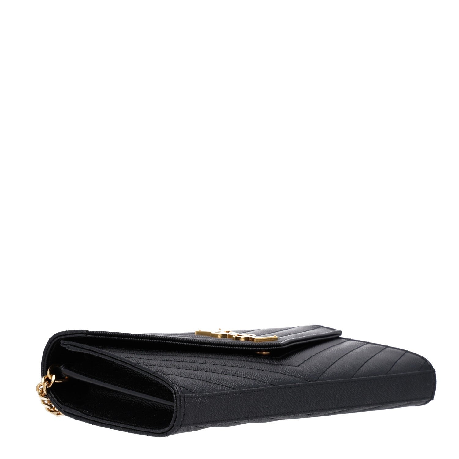 Saint Laurent Grain De Poudre Matelasse Chevron Monogram Chain Wallet Black Black 4 of 9