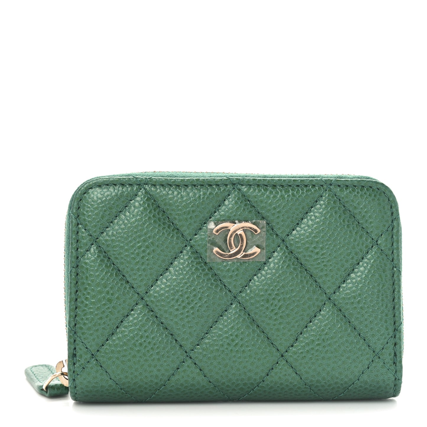Metallic Caviar Quilted Zip Coin Purse Green