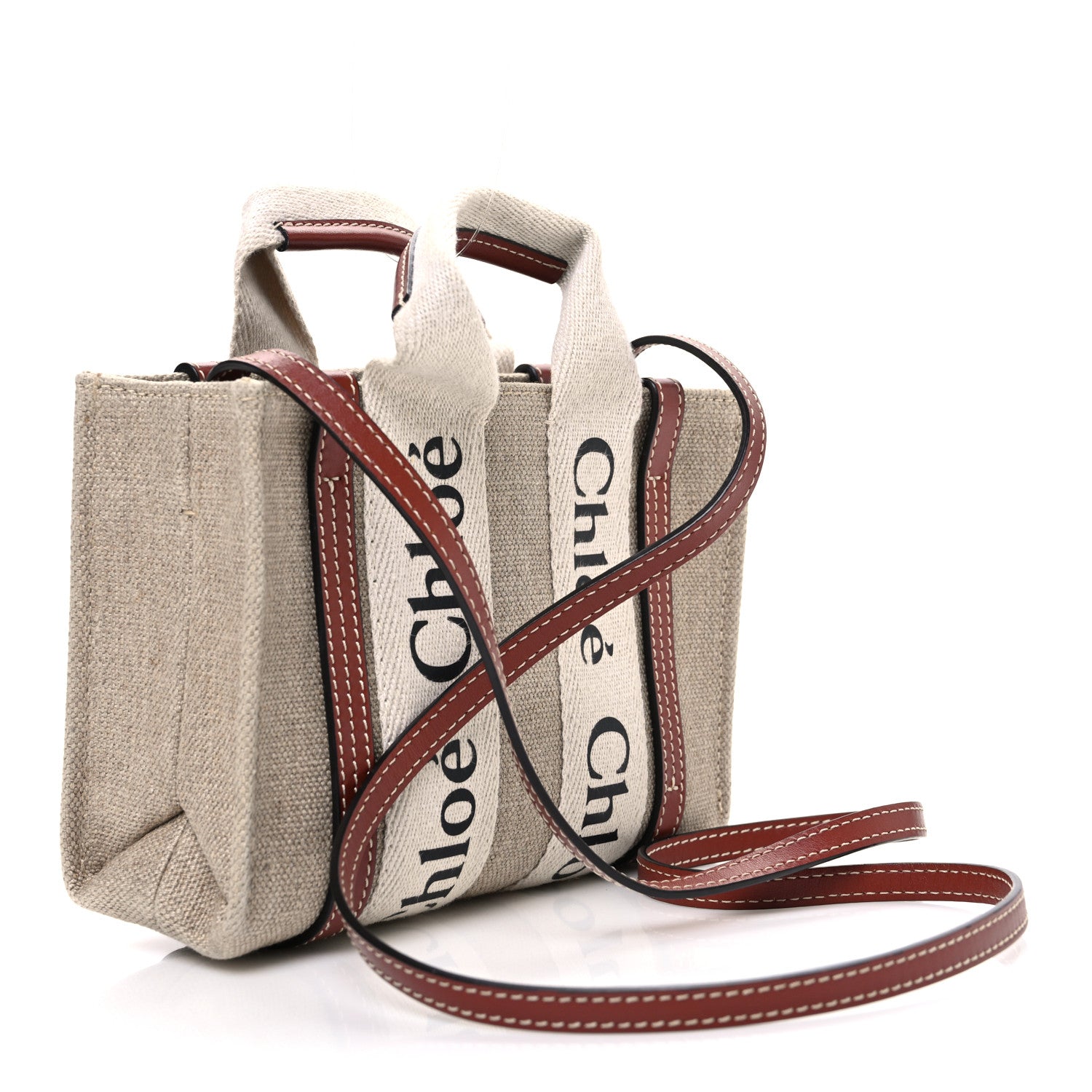 Chloe Linen Calfskin Mini Woody Ribbon Tote White Brown 2 of 10