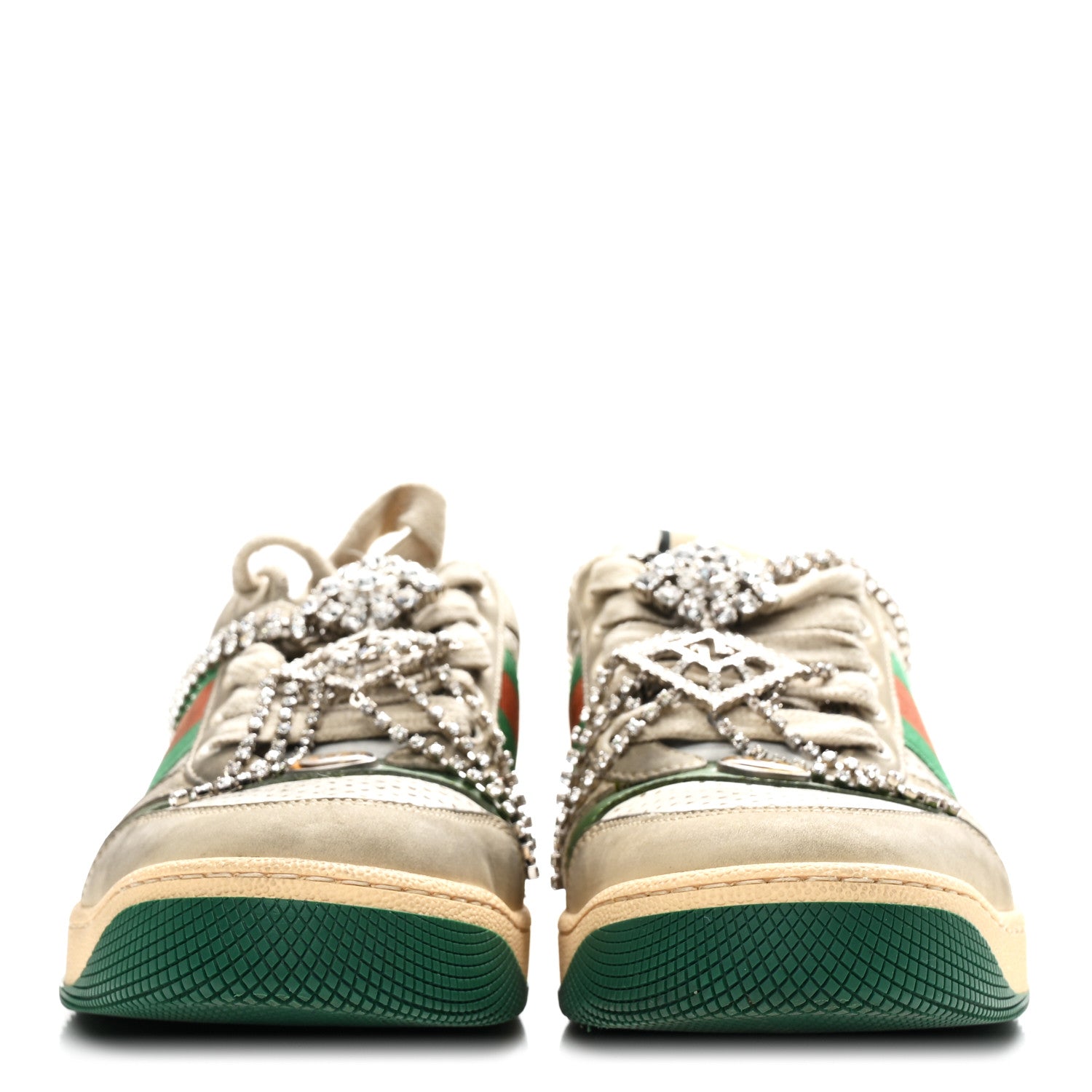 Gucci Nubuck Calfskin Web Removable Crystals Womens Screener Sneakers 38 Dusty Milk New Mystic White 6 of 20