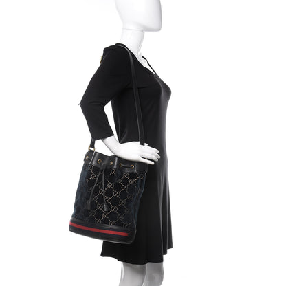 Gucci Velvet GG Monogram Web Bucket Bag Blue Beige 2 of 10