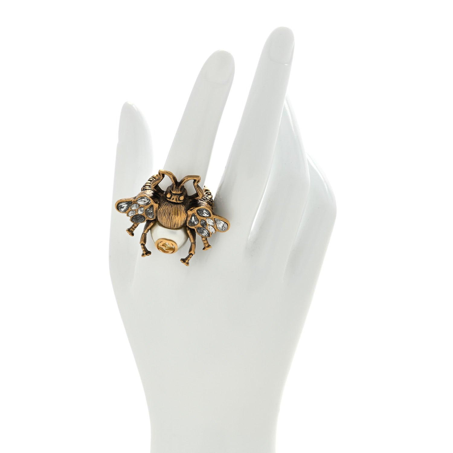 Gucci Metal Crystal Pearl Bee Multifinger Ring M Aged Gold 2 of 5