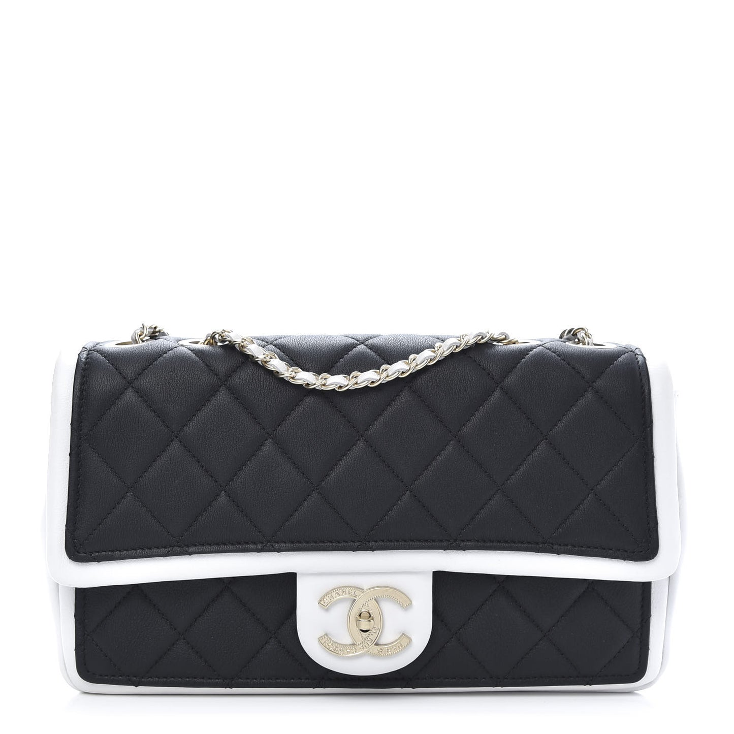 Calfskin Quilted Medium Graphic Flap Black White