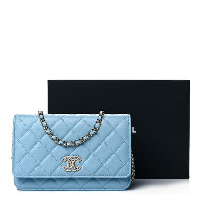 Chanel Caviar Quilted Crystal CC Wallet On Chain WOC Light Blue 12 of 12