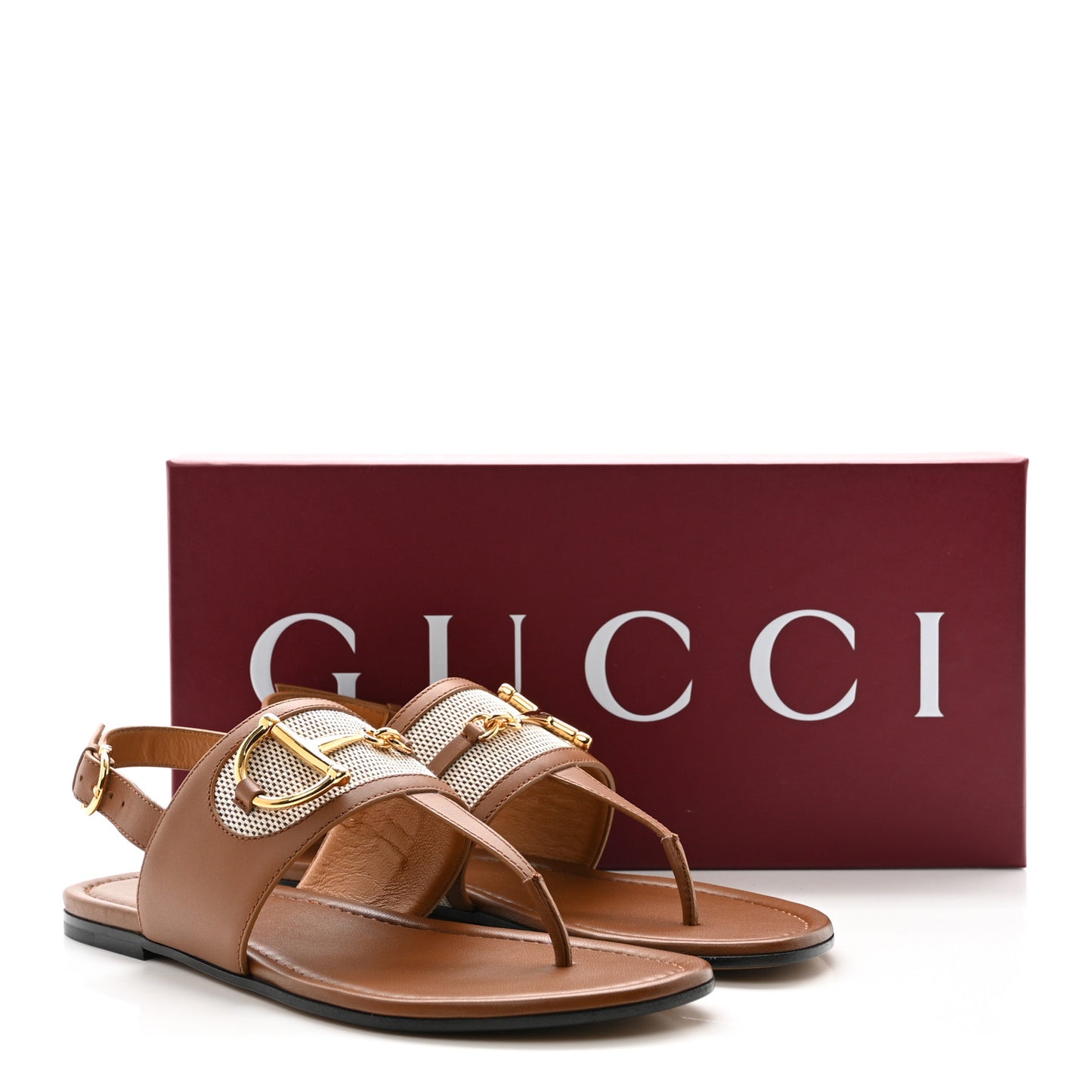 Calfskin Canvas Rice Horsebit Thong Sandals 37.5 Sundial Brown Natural