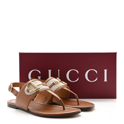 Gucci Calfskin Canvas Rice Horsebit Thong Sandals 37.5 Sundial Brown Natural 10 of 10