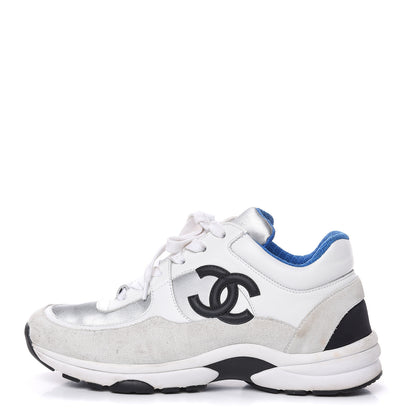 Chanel Suede Calfskin Womens CC Sneakers 37 White Silver Blue 1 of 12