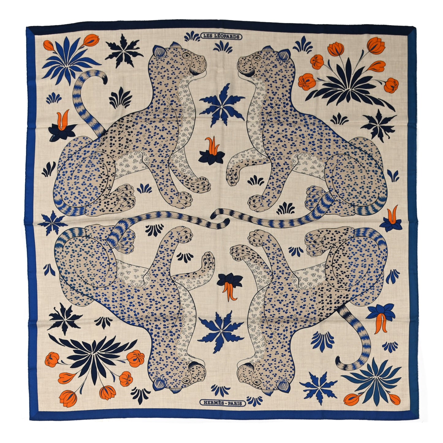 Cashmere Silk Les Leopards Shawl 140 Naturel Bleu Orange