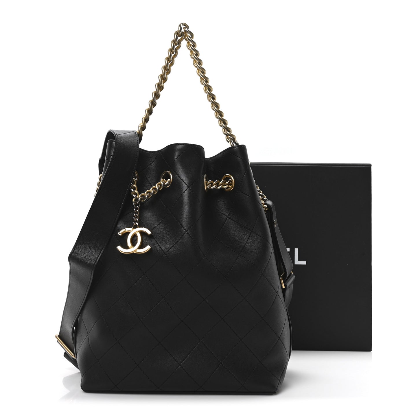 Calfskin Quilted Small On My Shoulder Drawstring Bag Black