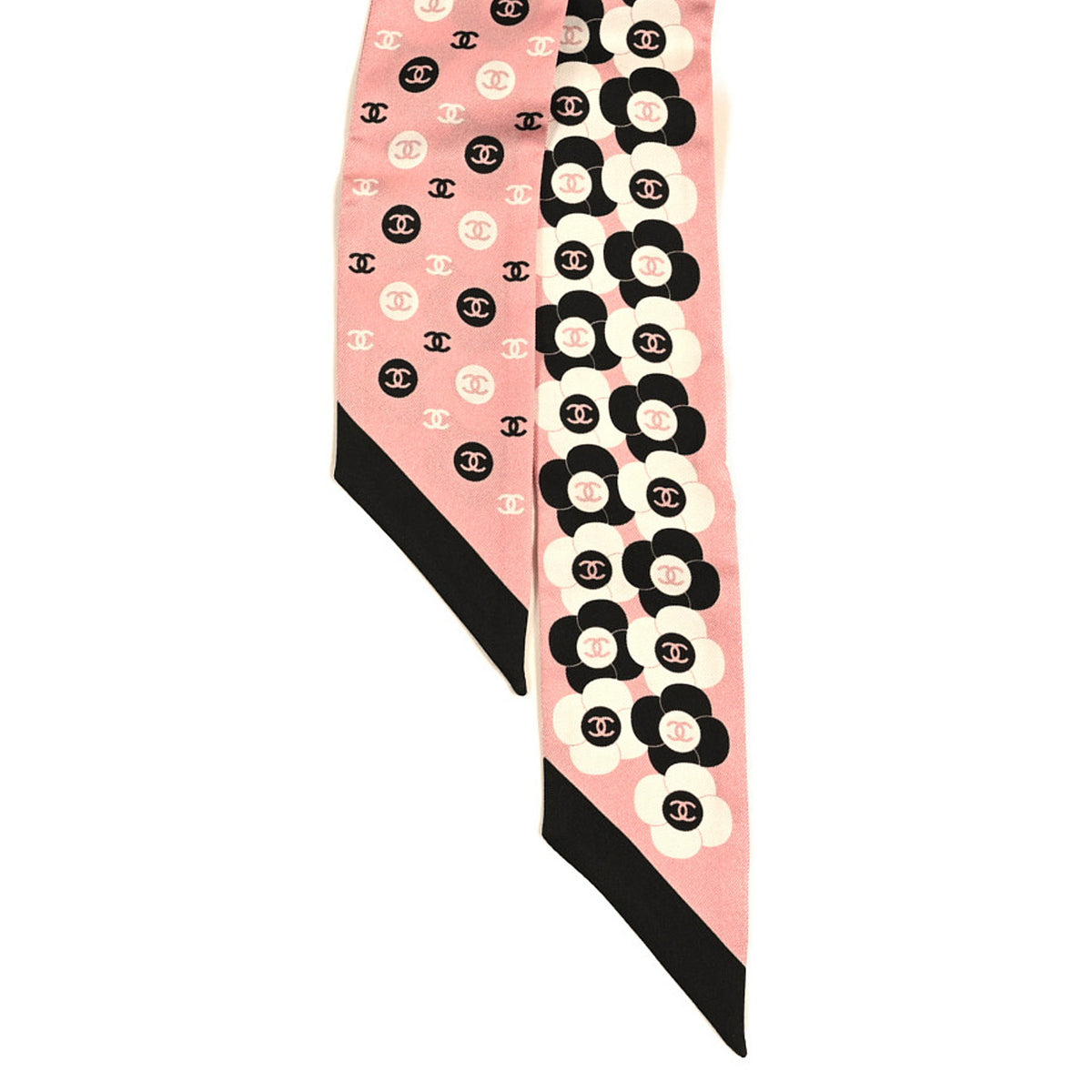 Chanel Silk Slim Reversible Camellia CC Bandeau Scarf Black White Pink 2 of 3