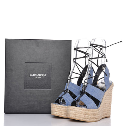 Saint Laurent Denim Stone Wash 95 Platform Lace Up Espadrille Wedge Sandals 38 Ultramar 12 of 12