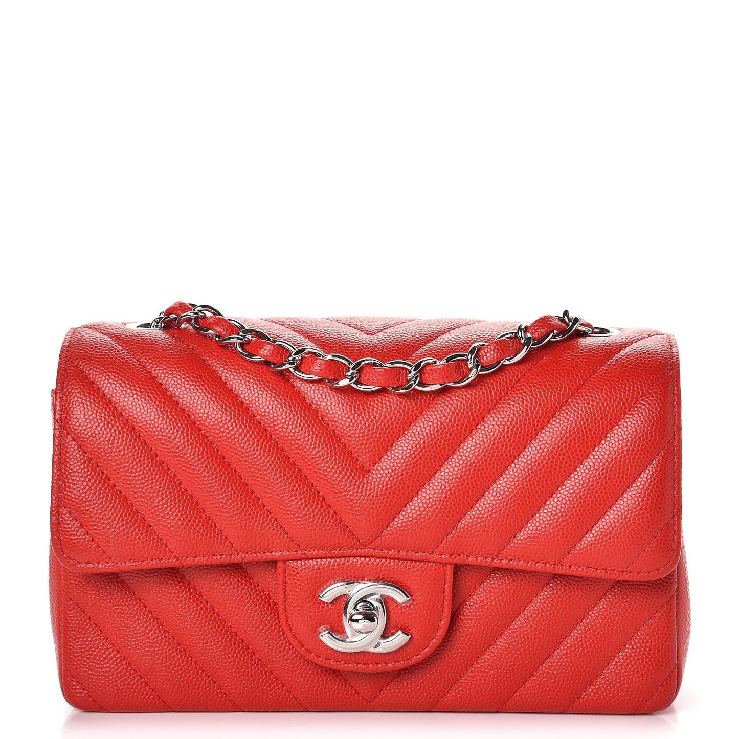 Caviar Chevron Quilted Mini Rectangular Flap Red