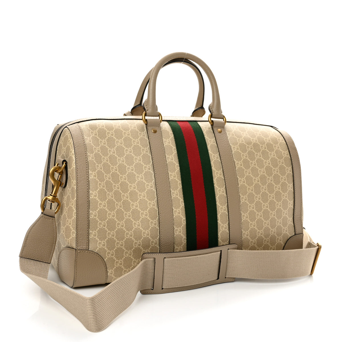 GG Supreme Monogram Textured Dollar Calfskin Web Medium Savoy Duffle Bag Beige Mystic White Oatmeal