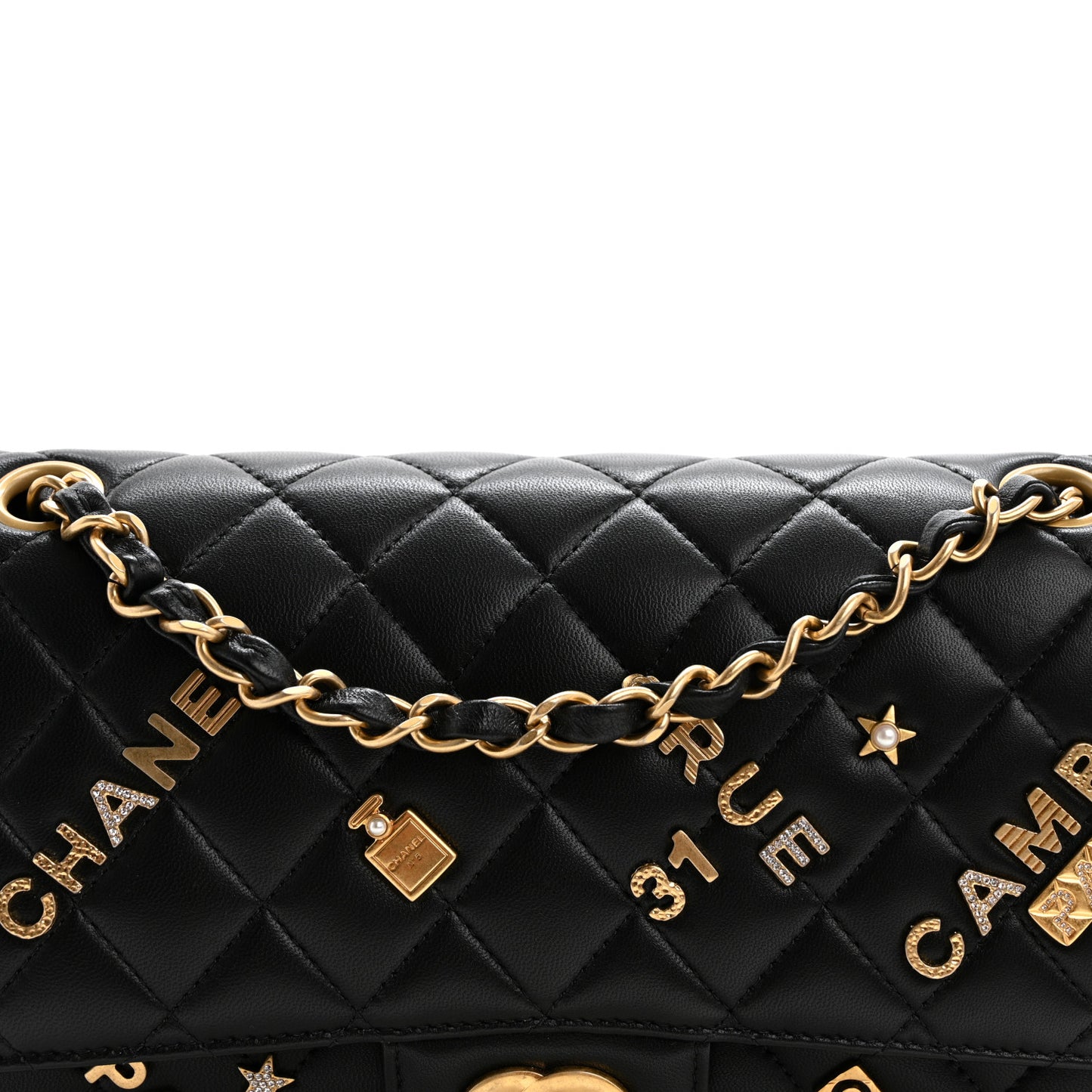 Lambskin Quilted Medium Rue Cambon Charms Double Flap Black