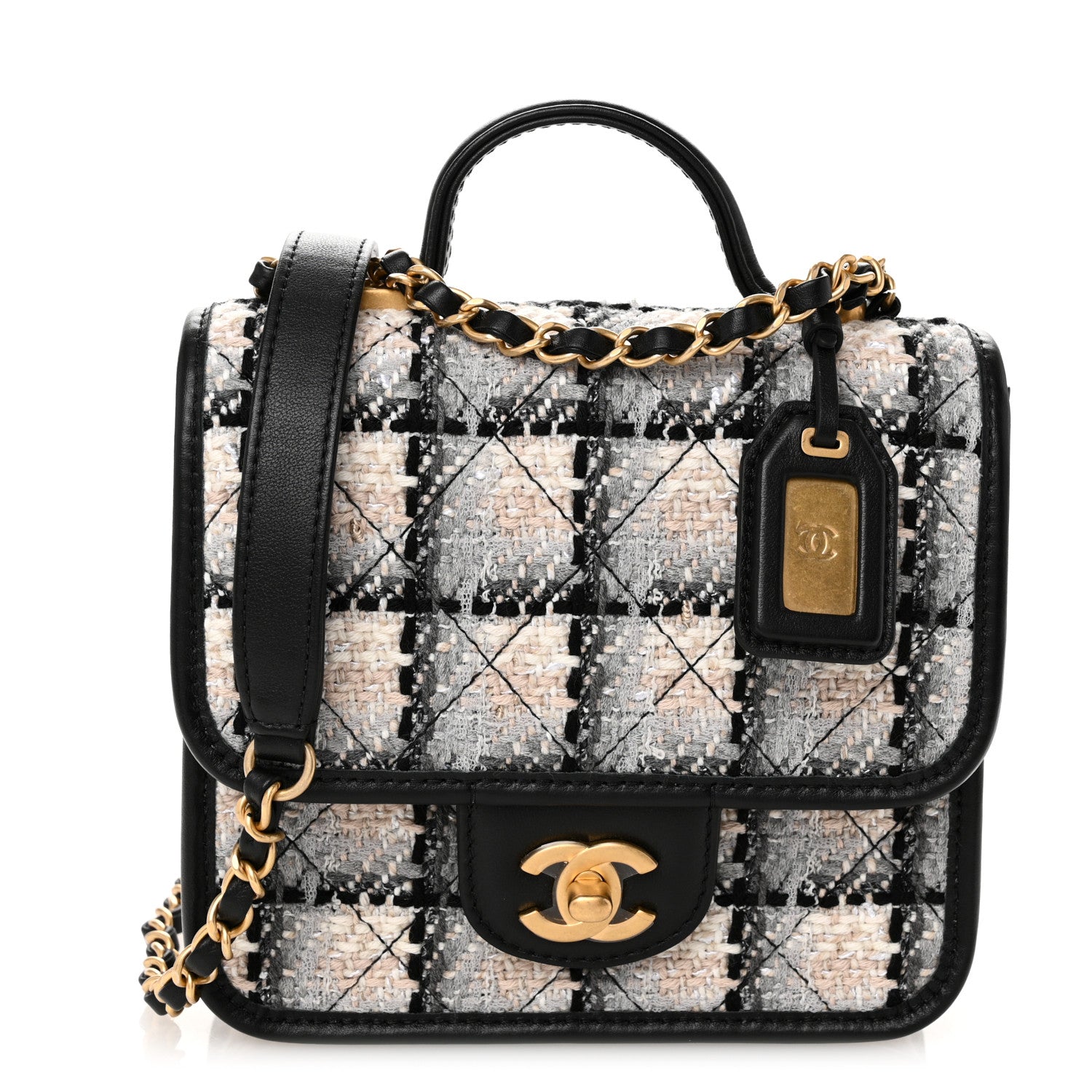 Chanel Tweed Calfskin School Memory Mini Top Handle Flap Ecru Grey Beige Black 1 of 10