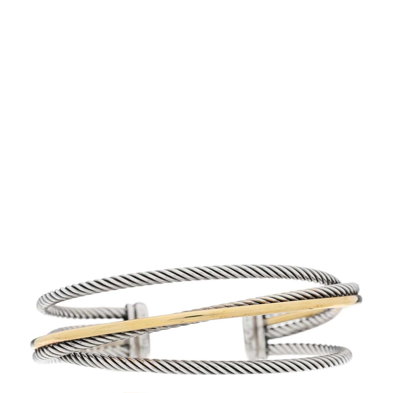 David Yurman Sterling Silver 18K Yellow Gold Crossover Three Row Cuff Bracelet 1 of 4