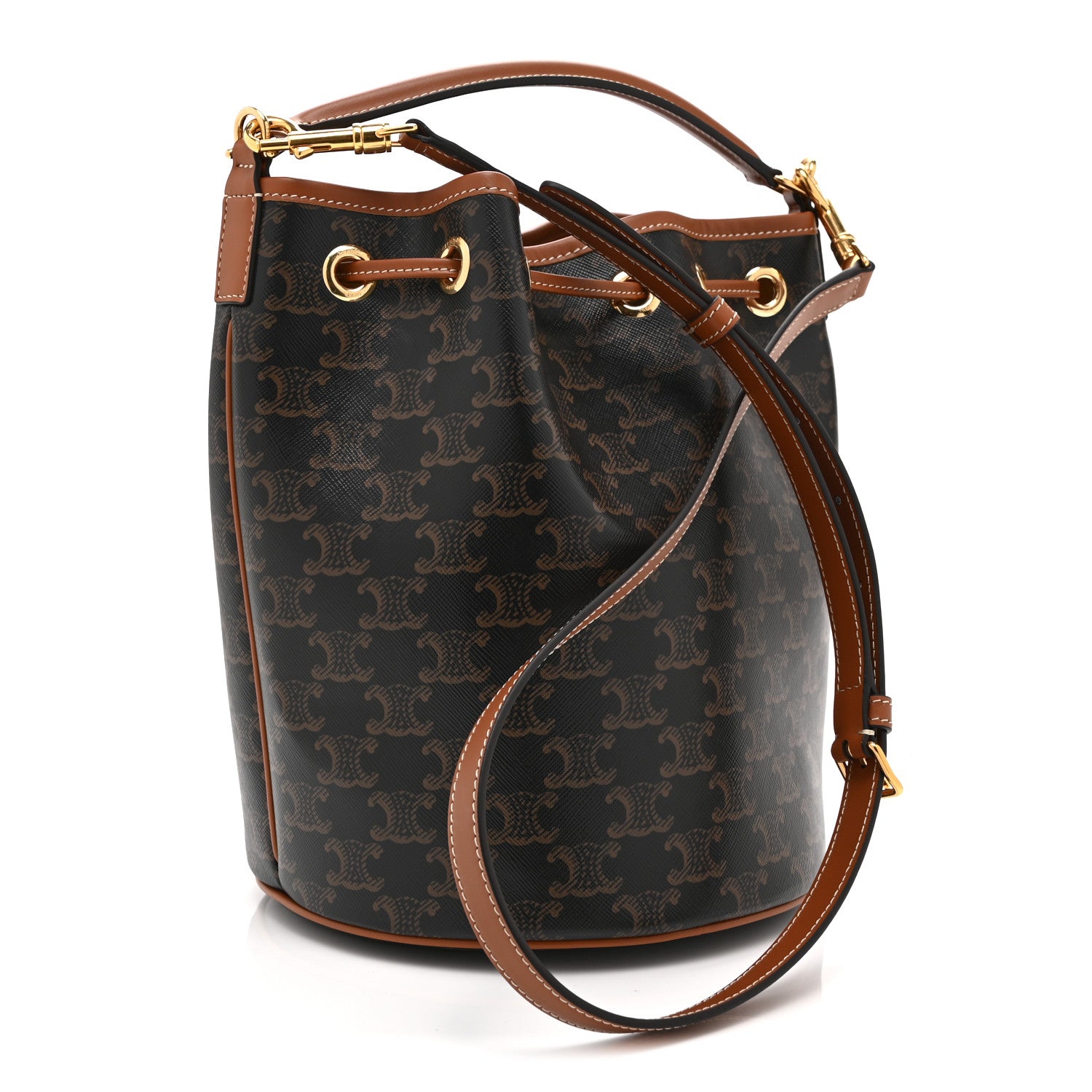 Celine Triomphe Canvas Calfskin Clara Drawstring Bucket Bag Tan 3 of 11