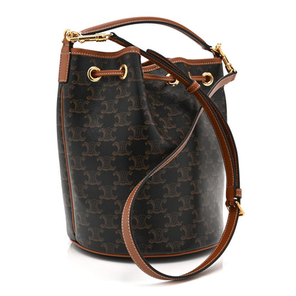 Celine Triomphe Canvas Calfskin Clara Drawstring Bucket Bag Tan 3 of 11