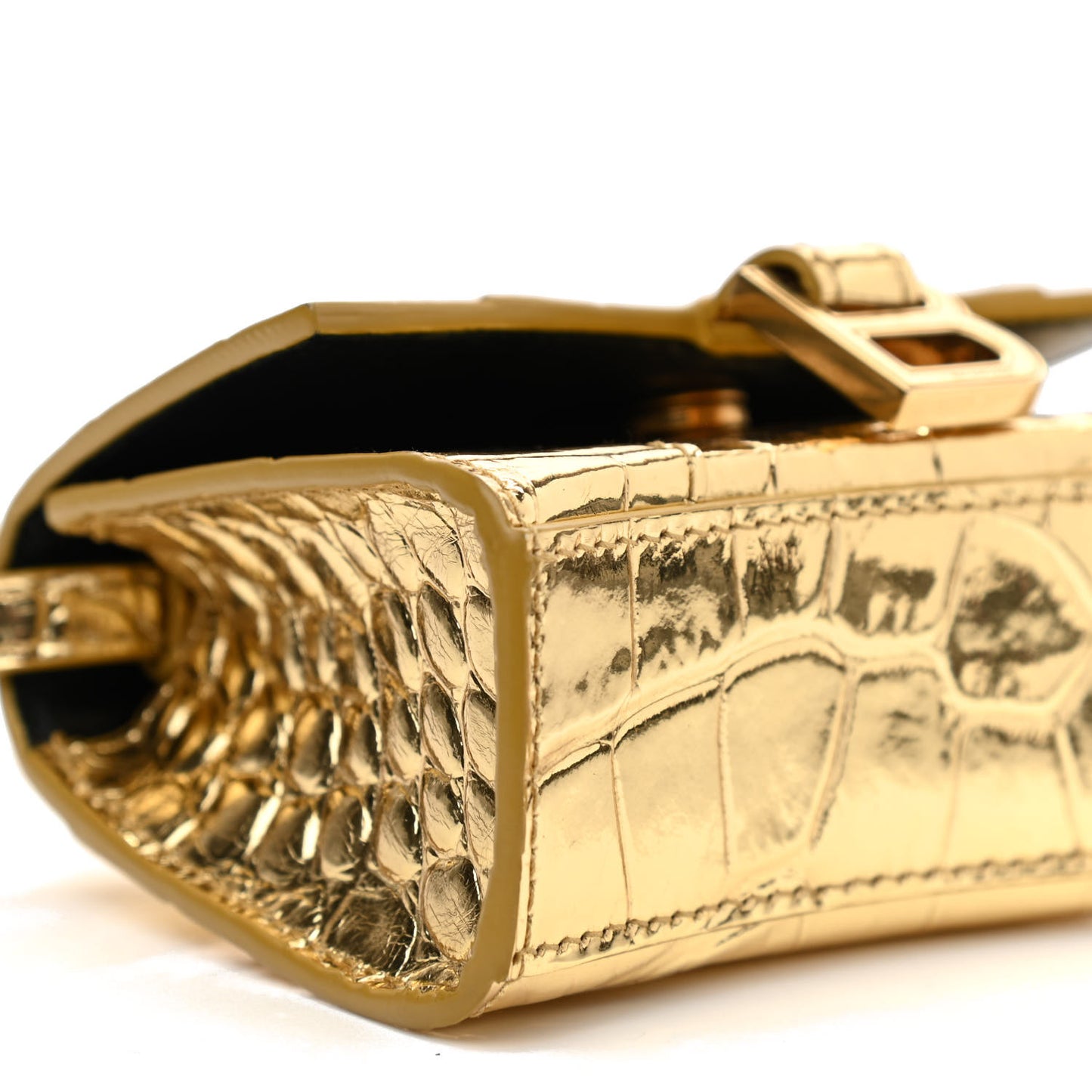 Metallic Calfskin Crocodile Embossed Hourglass Top Handle Bag Mini Gold