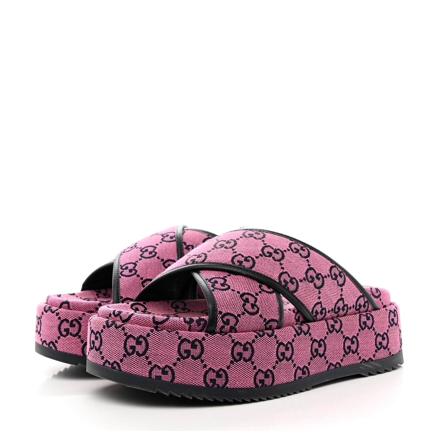 Gucci Monogram Multicolor Criss Cross Platform Slide Sandals 37.5 Pink Blue 3 of 12