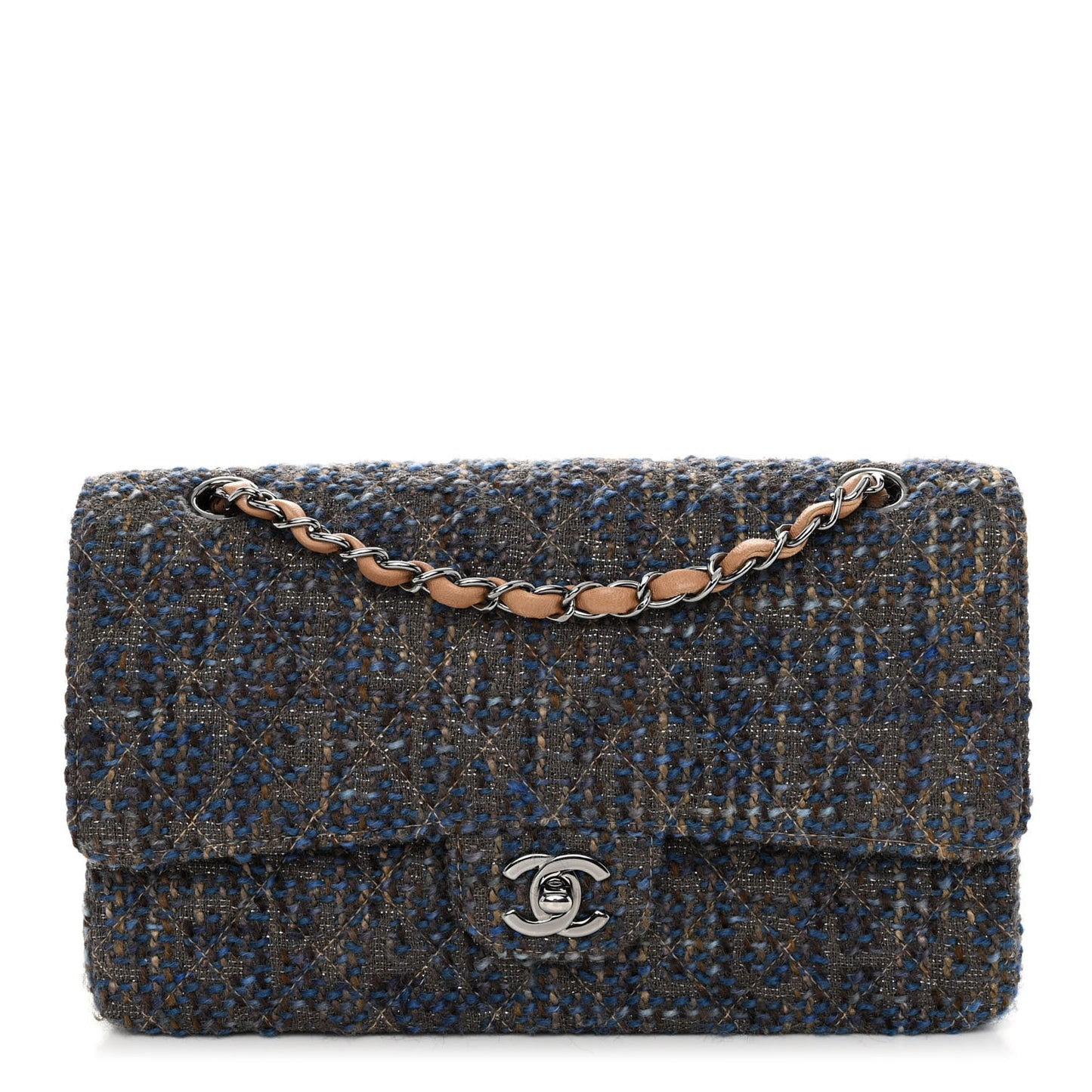 Tweed Quilted Medium Double Flap Brown Blue