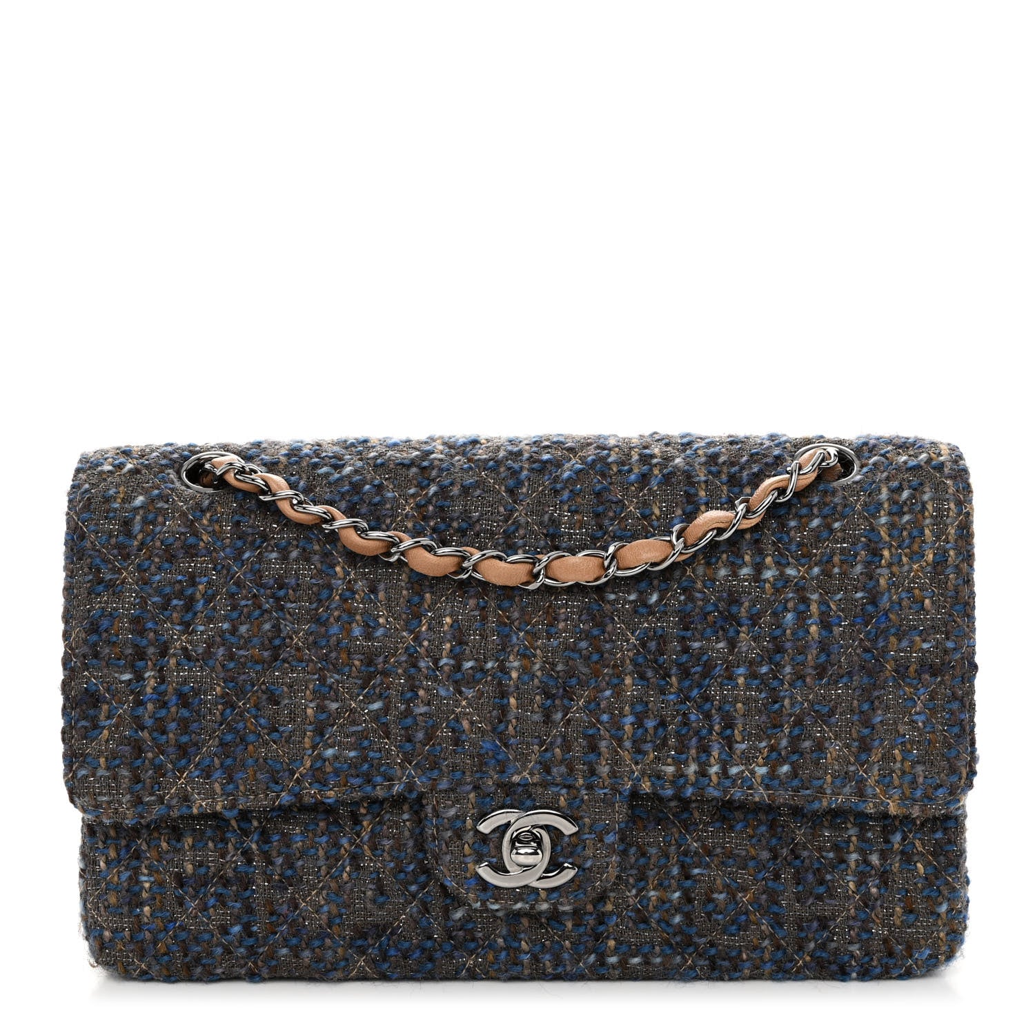 Chanel Tweed Quilted Medium Double Flap Brown Blue 1 of 10