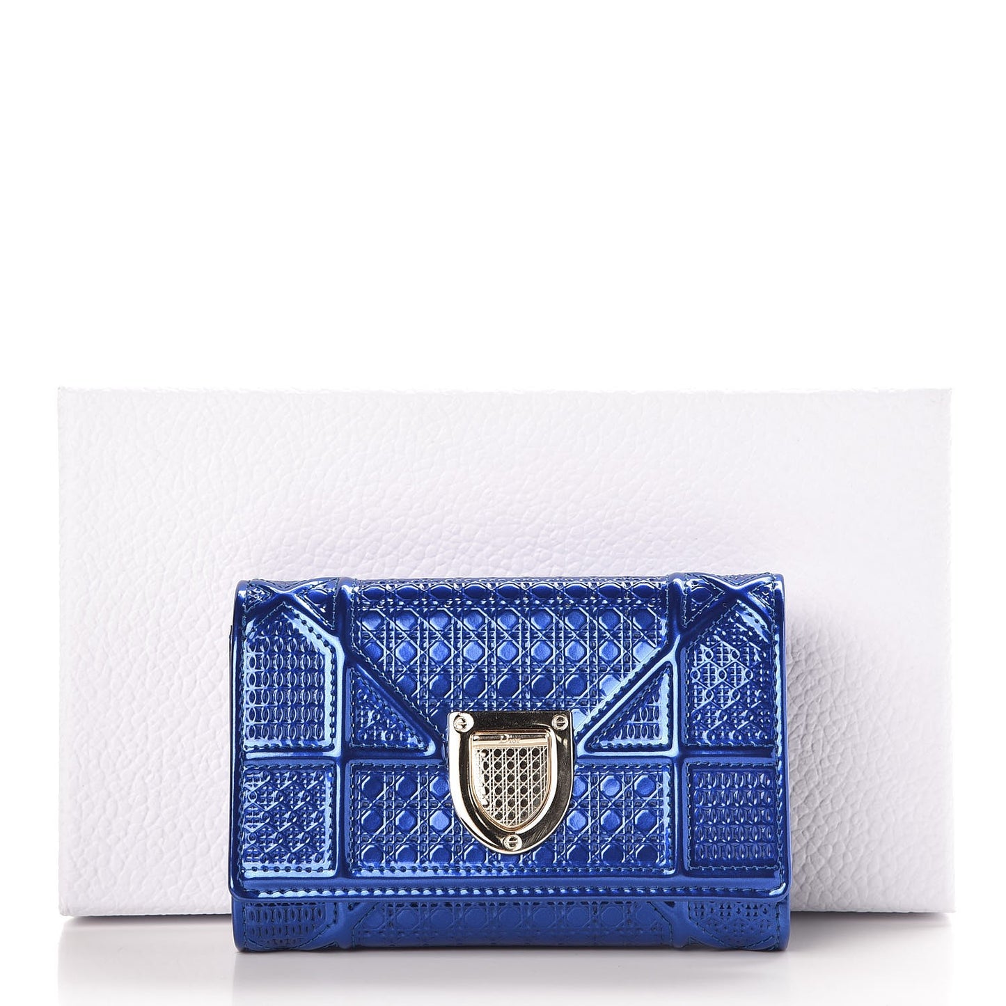 Metallic Patent Micro-Cannage Diorama Elancee Wallet Mirror Blue