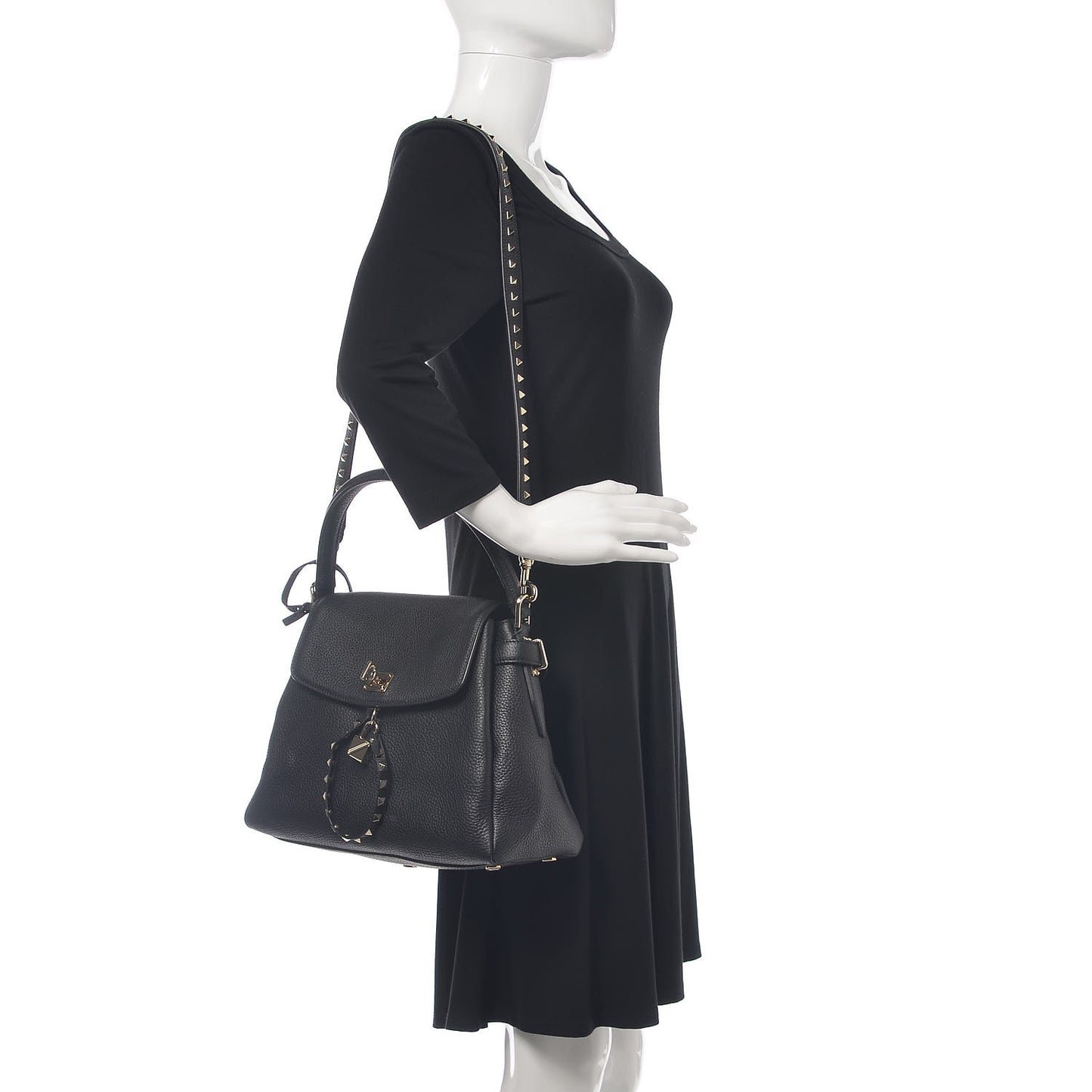 Grained Lagun Calfskin Rockstud Twiny Top Handle Bag Black