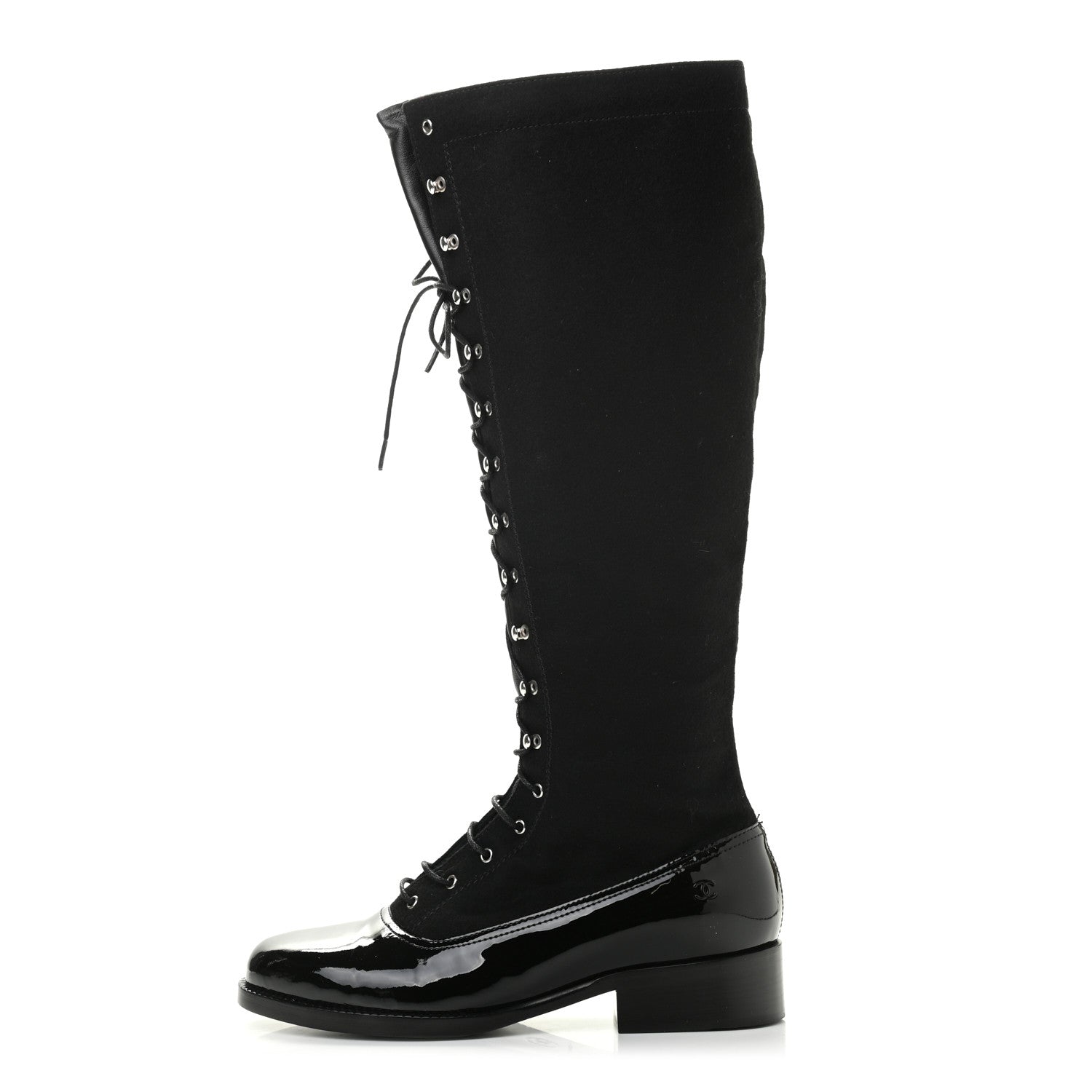 Chanel Wool Patent Cap Toe Lace Up High Boots 38 Black 1 of 11