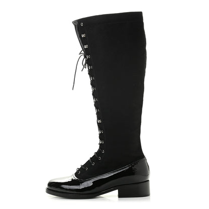 Chanel Wool Patent Cap Toe Lace Up High Boots 38 Black 1 of 11