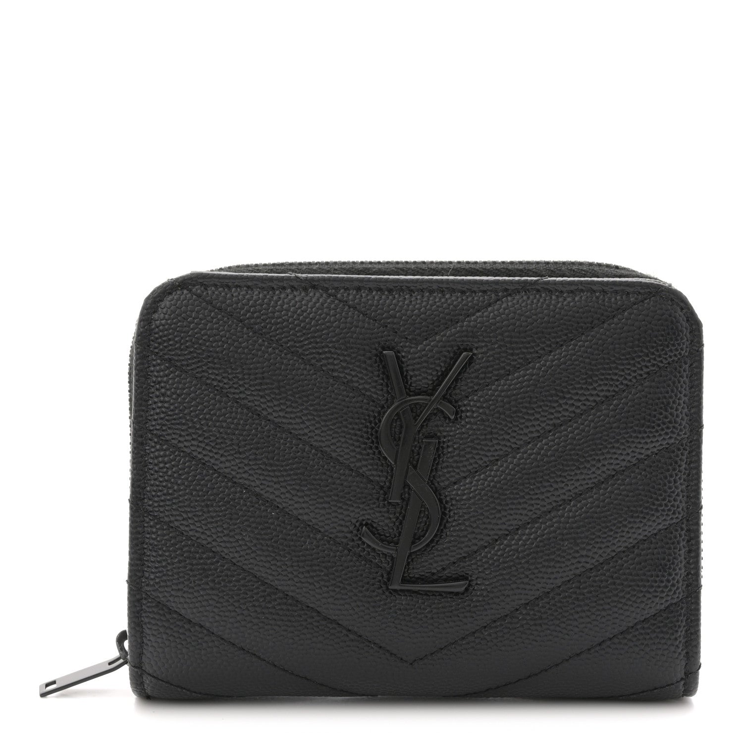 Saint Laurent Grain De Poudre Matelasse Chevron Monogram Monochrome Compact Zip Around Wallet Black 1 of 9