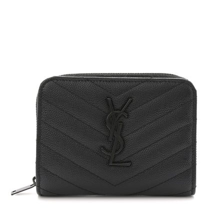 Saint Laurent Grain De Poudre Matelasse Chevron Monogram Monochrome Compact Zip Around Wallet Black 1 of 9