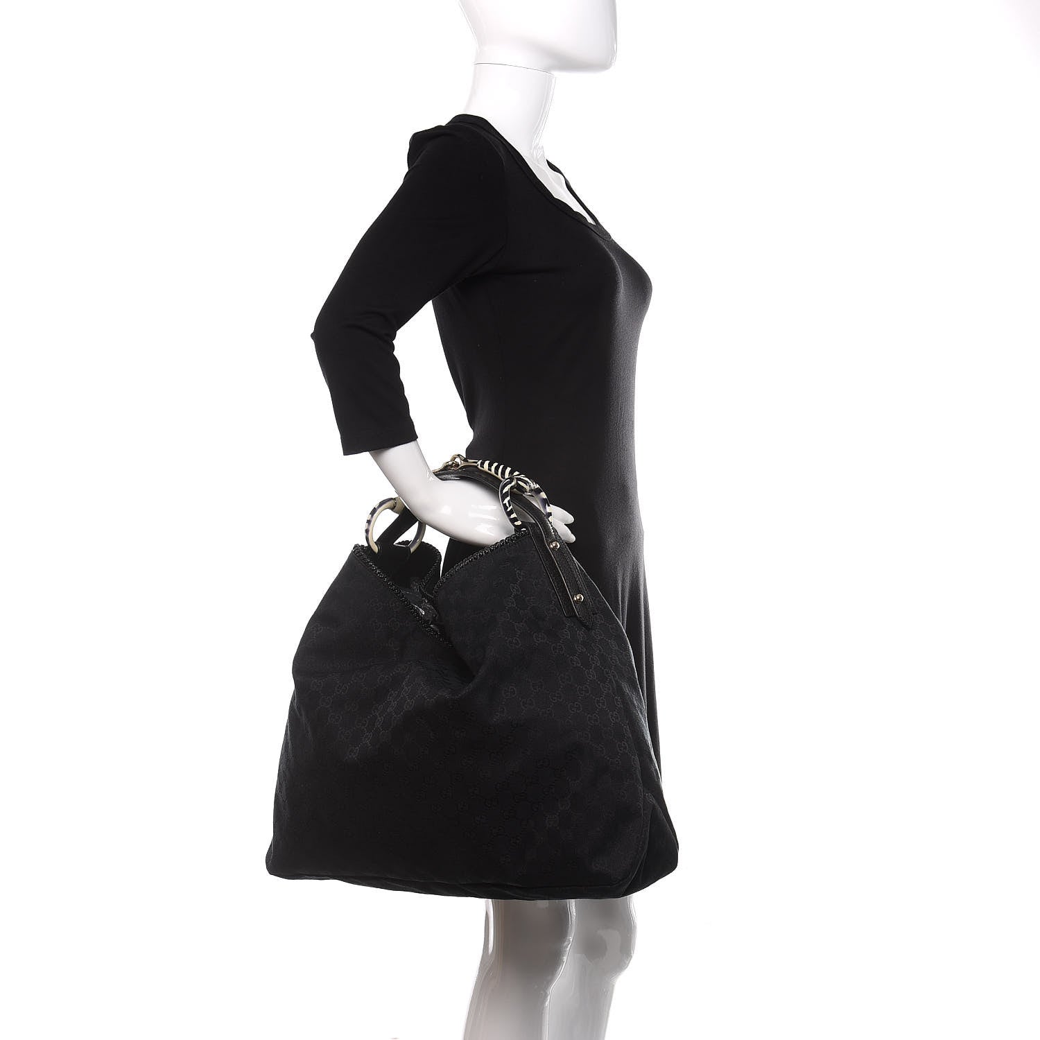 Gucci Monogram Large Zebra Horsebit Chain Hobo Black 2 of 11