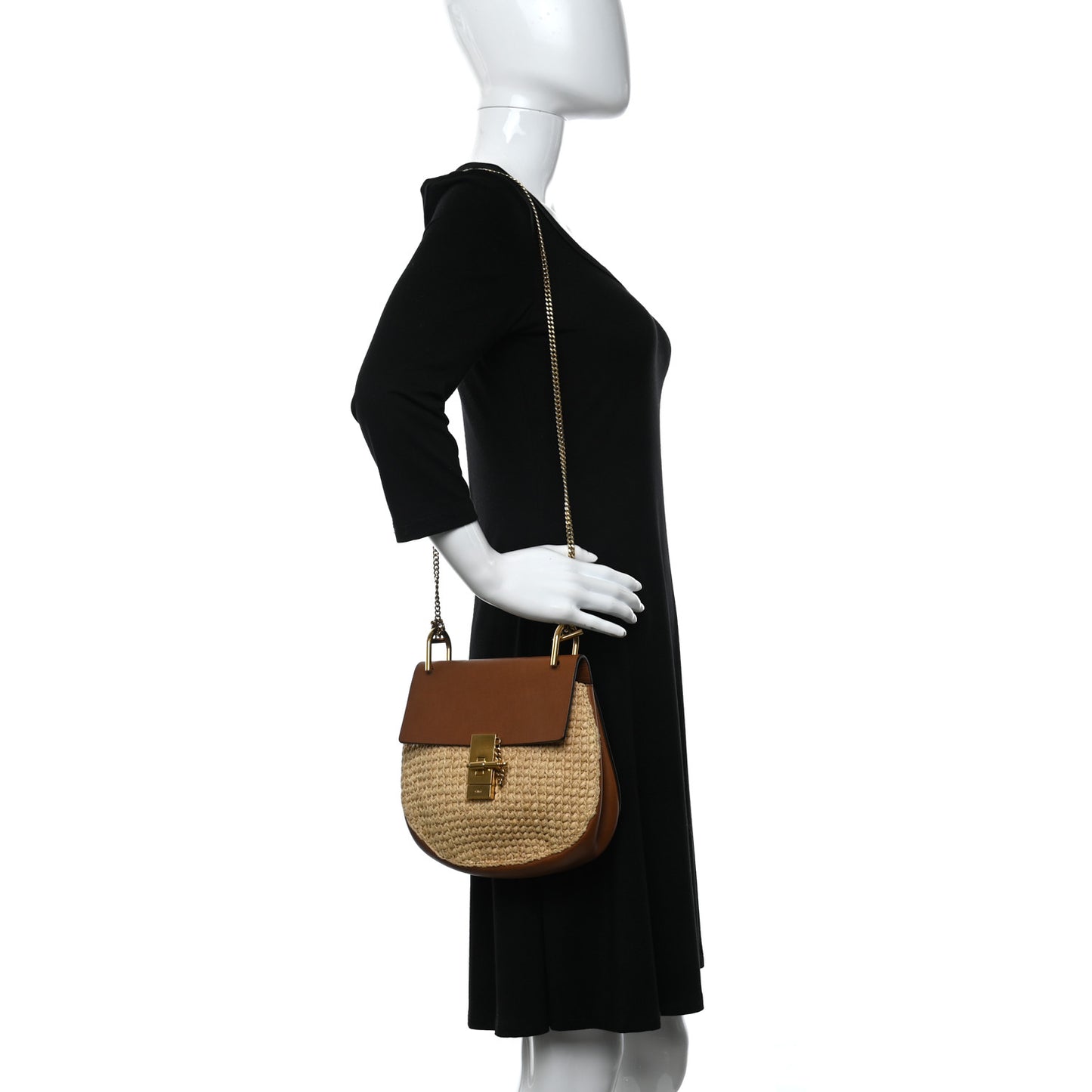 Calfskin Raffia Drew Chain Shoulder Bag Caramel