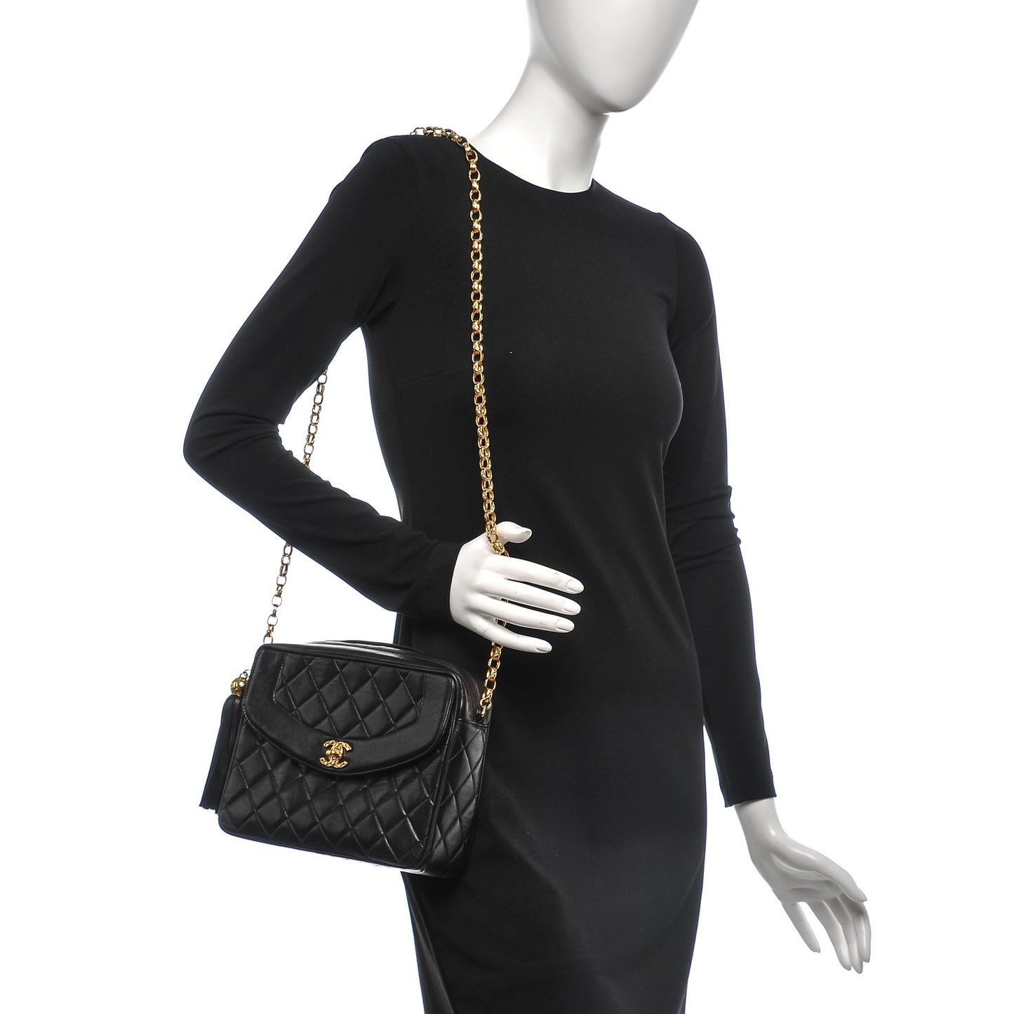 Lambskin Quilted Tassel Camera Case Black