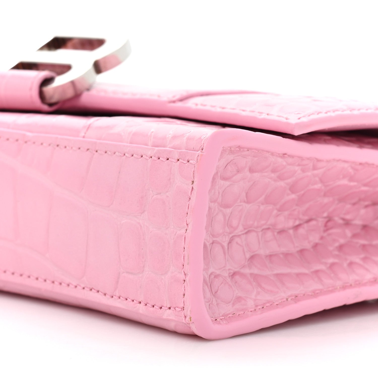 Balenciaga Shiny Calfskin Crocodile Embossed Hourglass Chain Bag Candy Pink 7 of 11