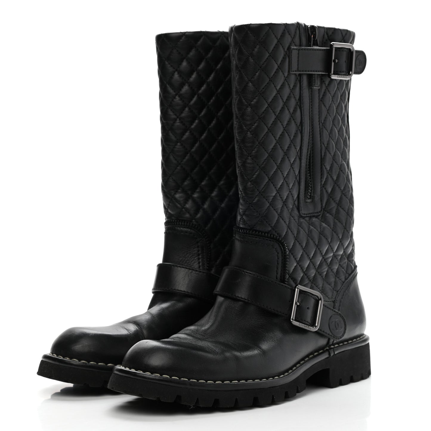 Calfskin Quilted Biker Boots 37 Black