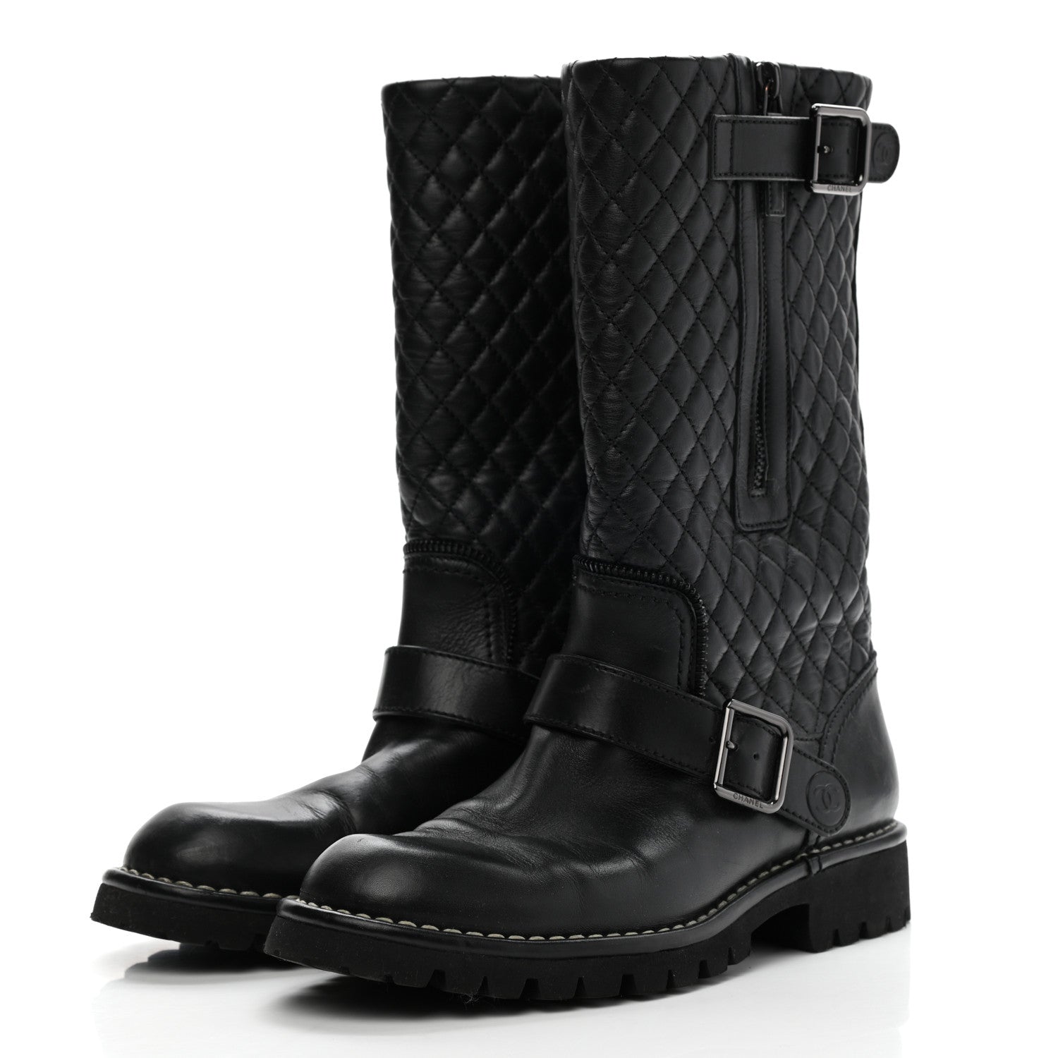 Chanel Calfskin Quilted Biker Boots 37 Black 3 of 9