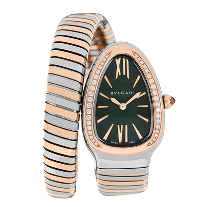 Bulgari Stainless Steel 18K Rose Gold Diamond Bezel 35mm Serpenti Tubogas Quartz Watch Green 1 of 5