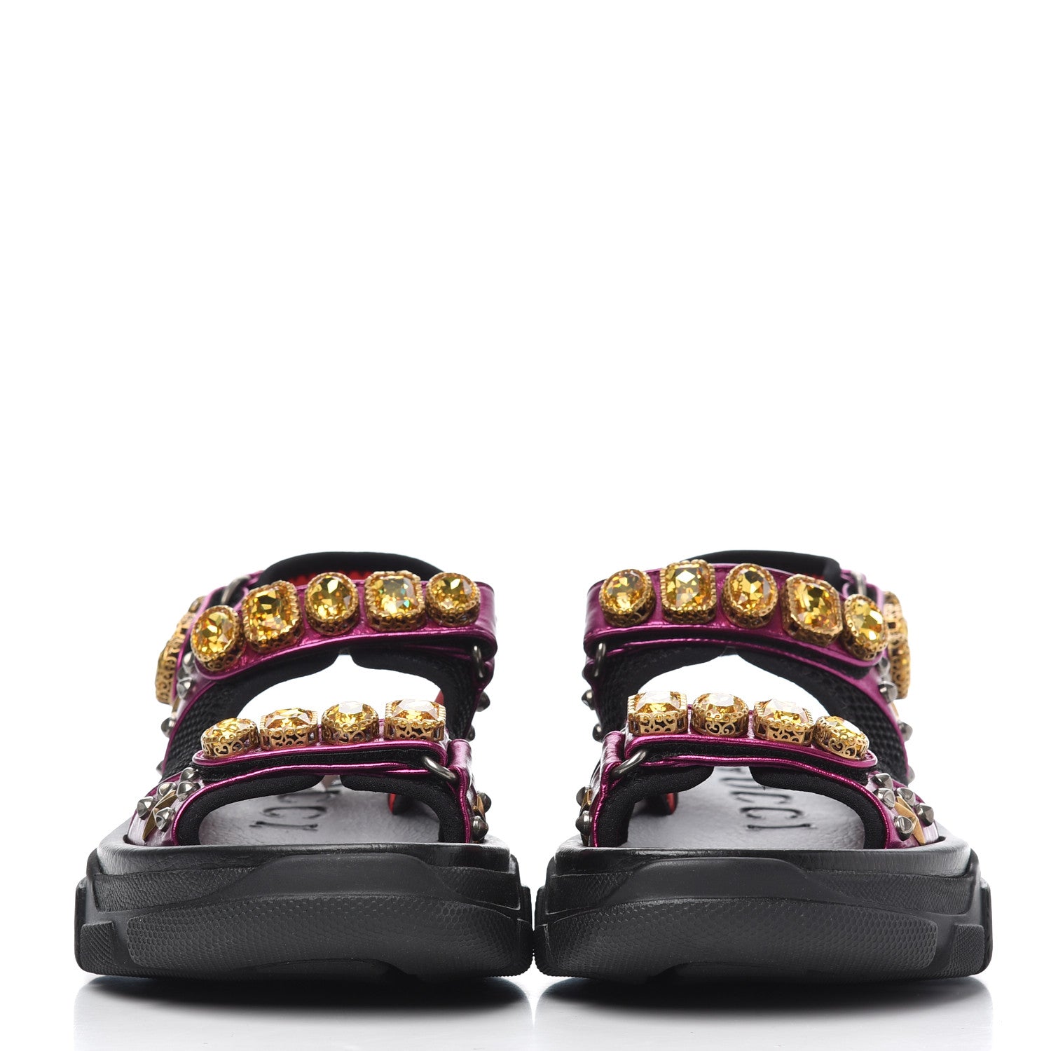 Gucci Nappa Mesh Crystal Embellished Studded Womens Aguru Sandals 36 Pink Black 2 of 9