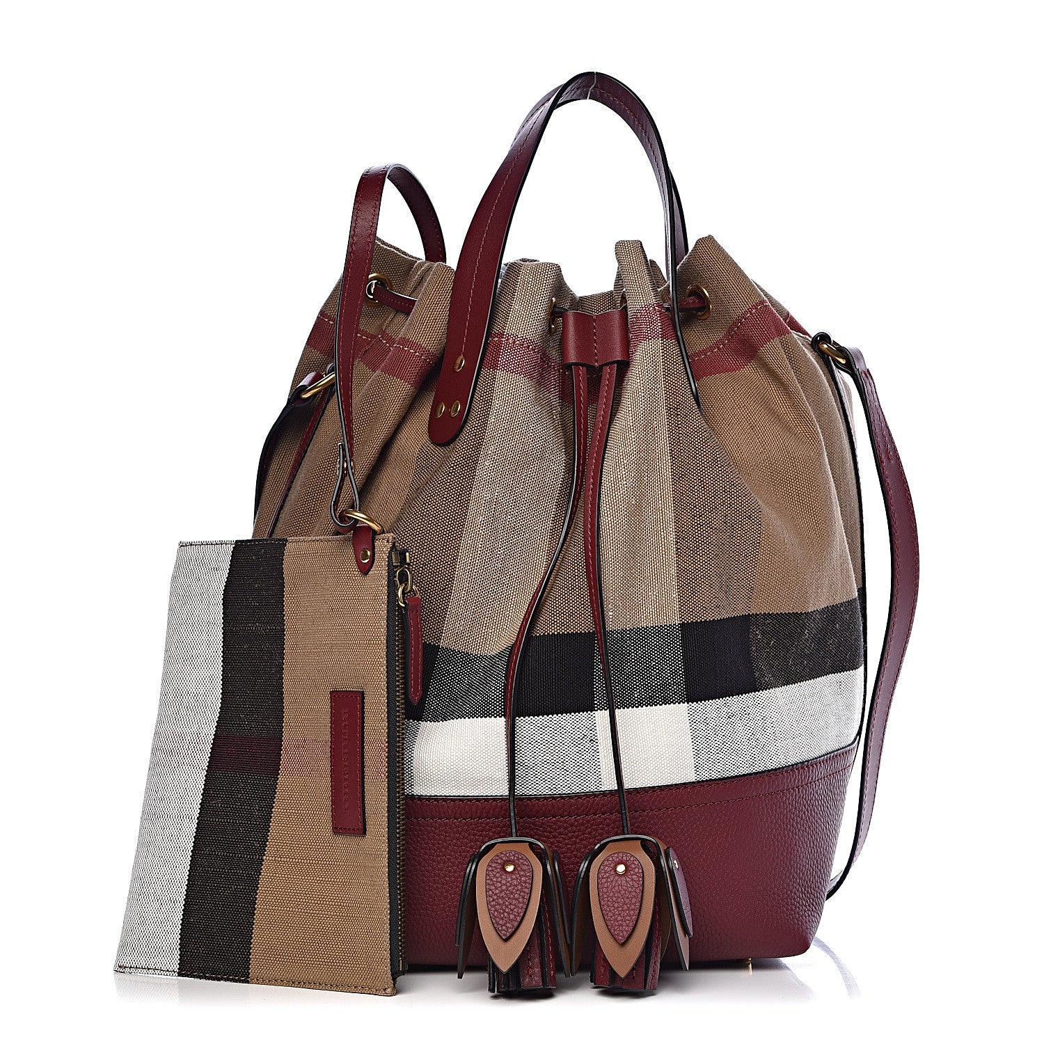 Burberry Grainy Calfskin Mega Check Tassel Heston Tote Burgundy Red 1 of 13