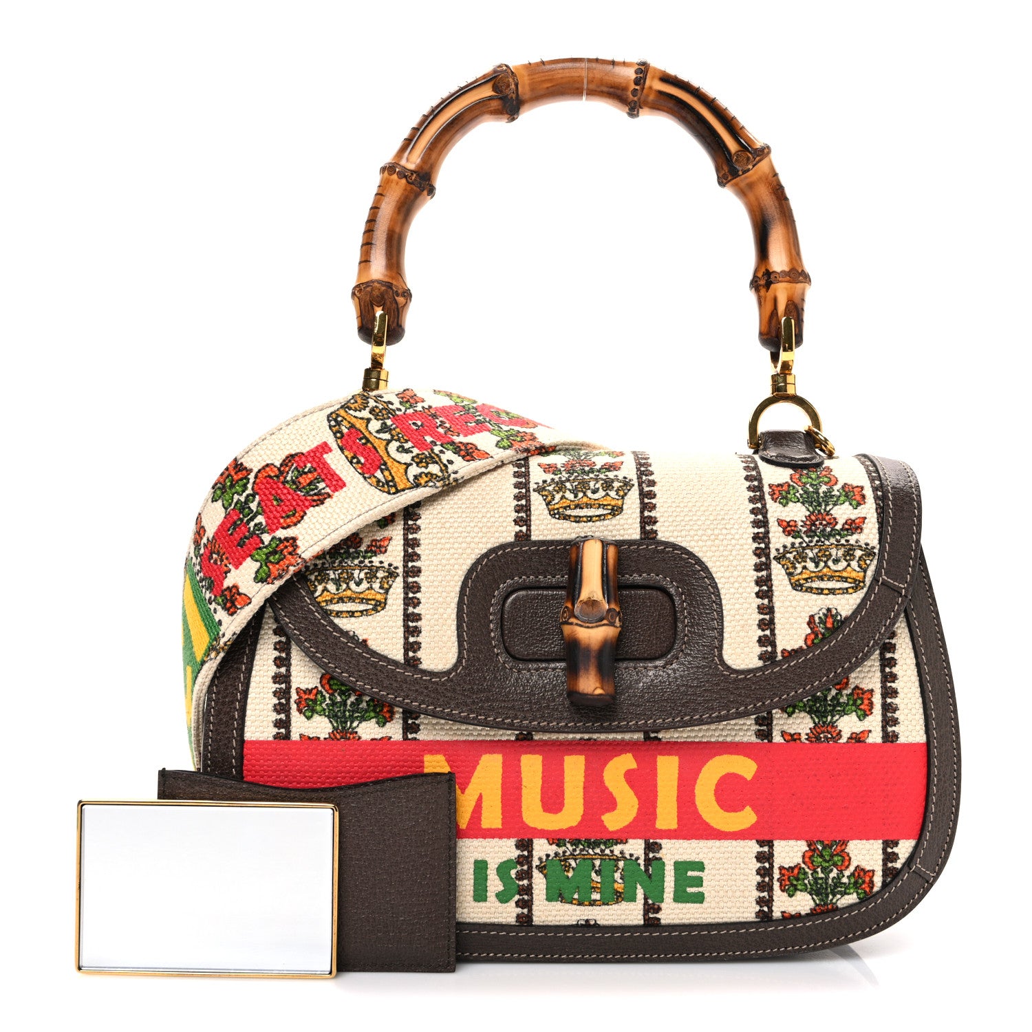 Gucci Canvas Calfskin 100 Centennial Music Medium Bamboo 1947 Top Handle Bag Multicolor 3 of 11