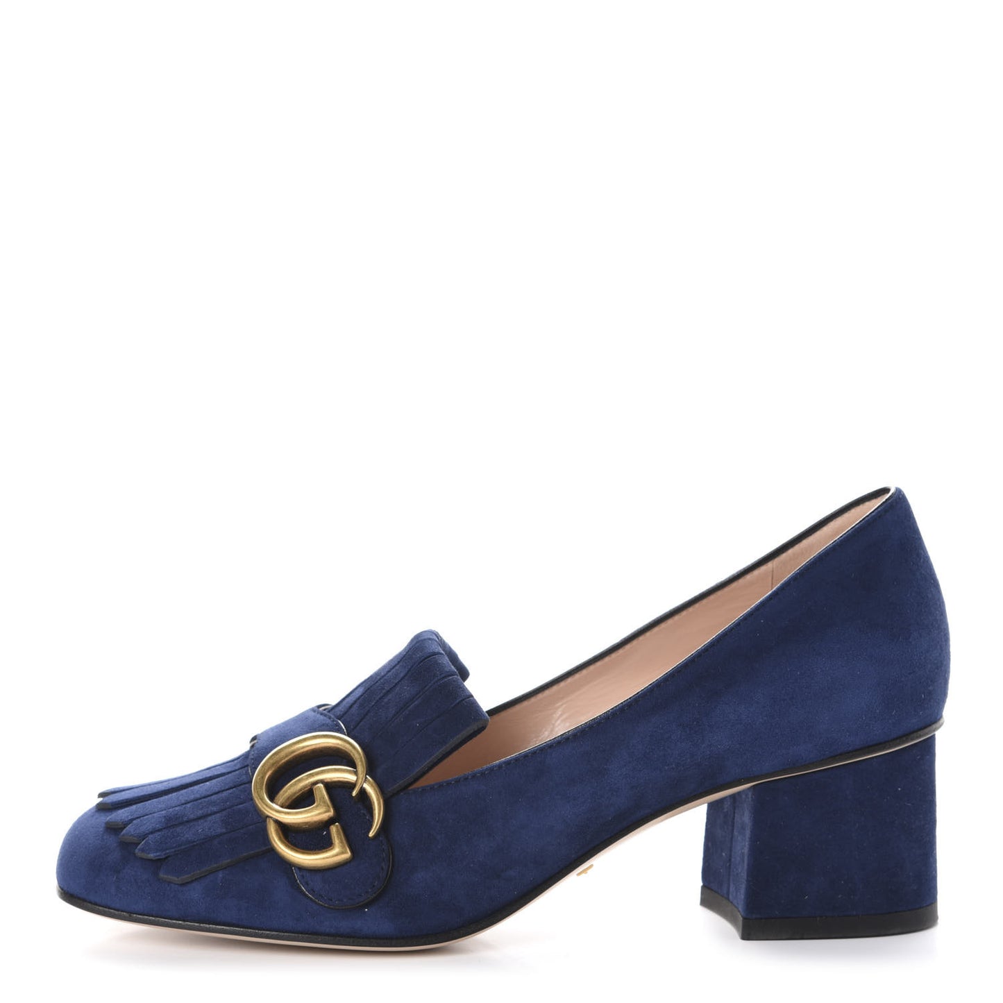 Kid Scamosciato GG Marmont Fringe 50mm Loafer Pumps 37 Blue Ink