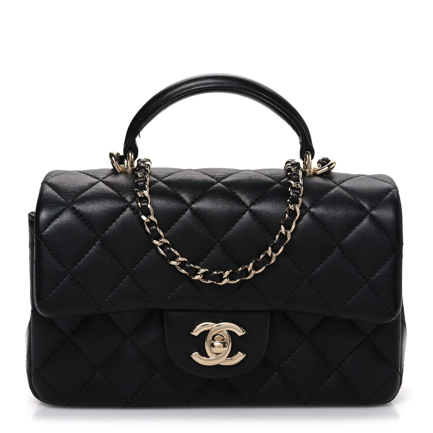 Lambskin Quilted Mini Top Handle Rectangular Flap Black