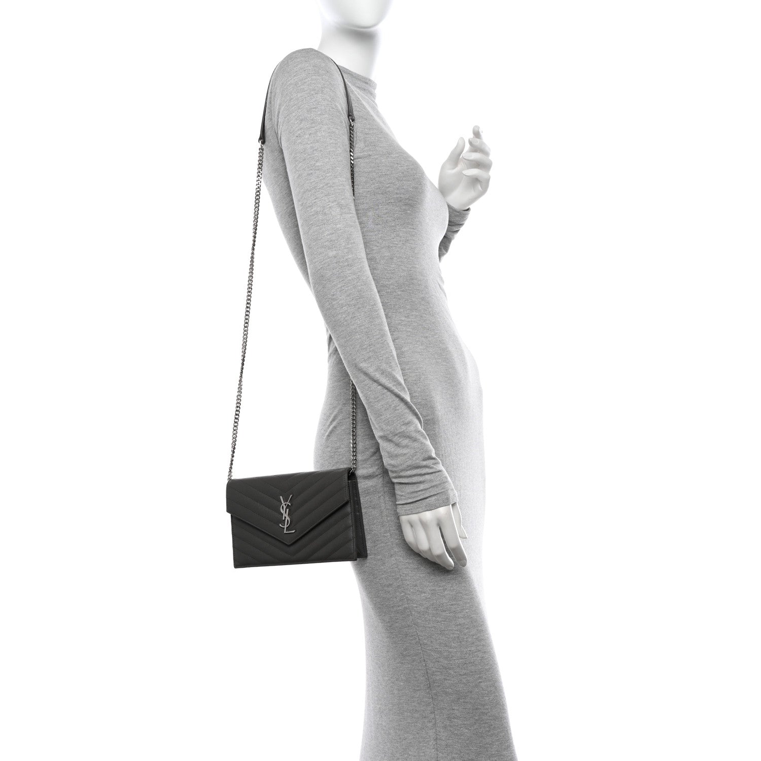 Saint Laurent Grain De Poudre Matelasse Chevron Monogram Envelope Chain Wallet Earth 2 of 13