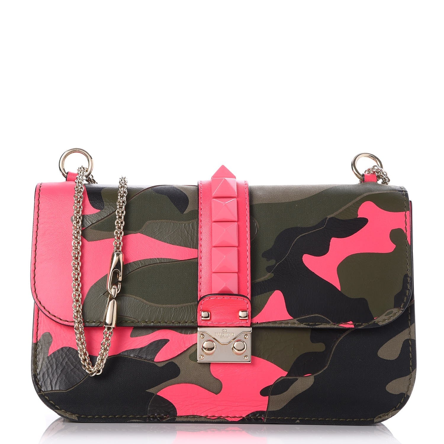 Valentino Garavani Nappa Canvas Camouflage Medium Glam Lock Rockstud Flap Fuxia Fluo 1 of 7