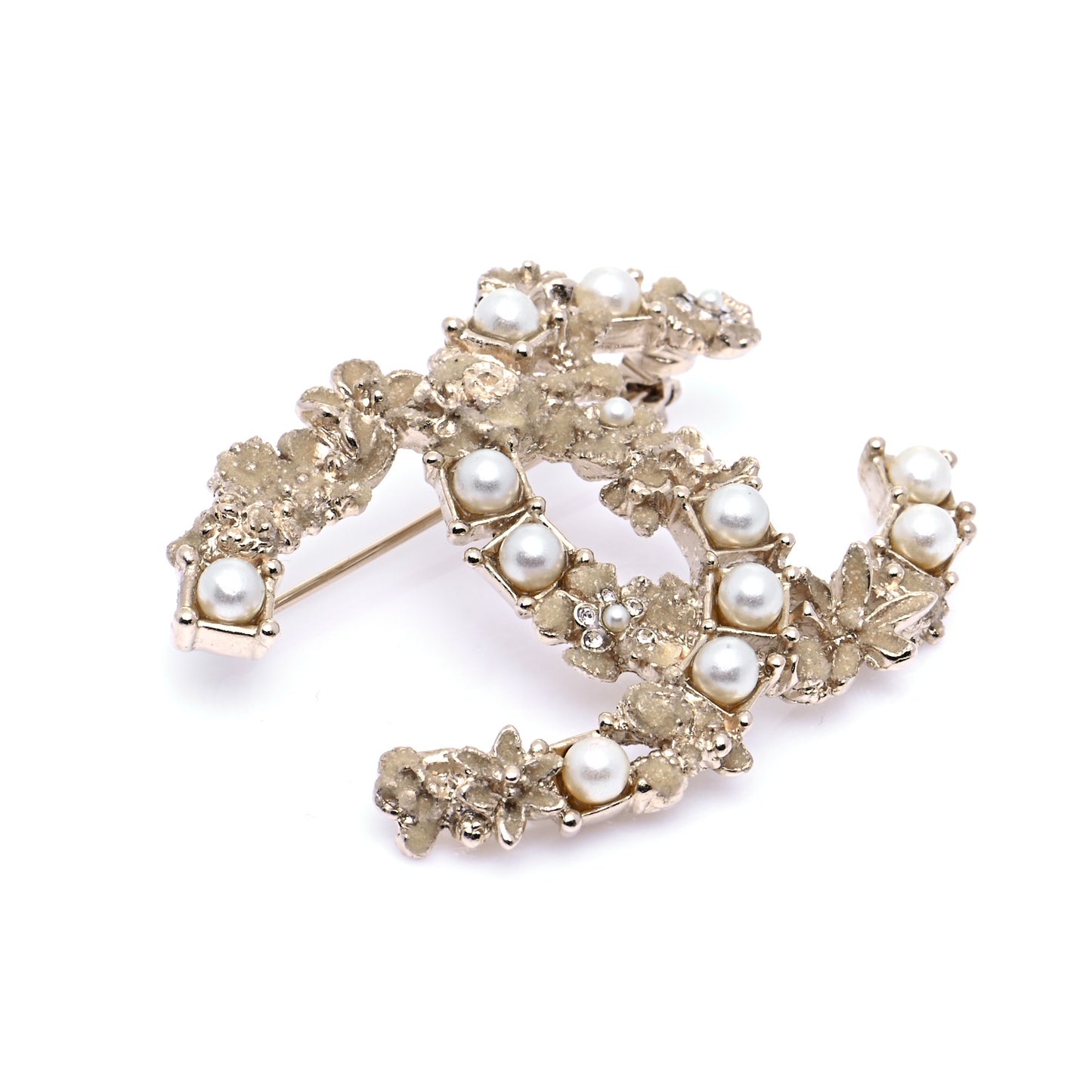 Pearl Crystal CC Flower Brooch White Nacre Gold