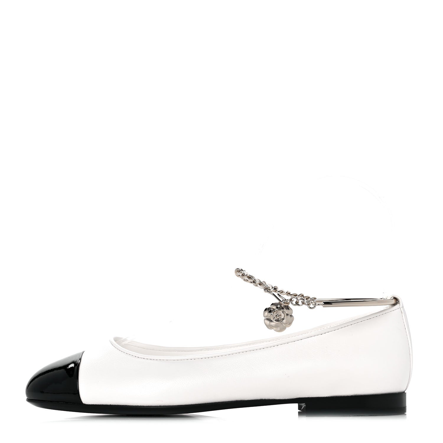 Chanel Lambskin Patent Calfskin Cap Toe Ankle Chain Ballerina Flats 36.5 White Black 1 of 9
