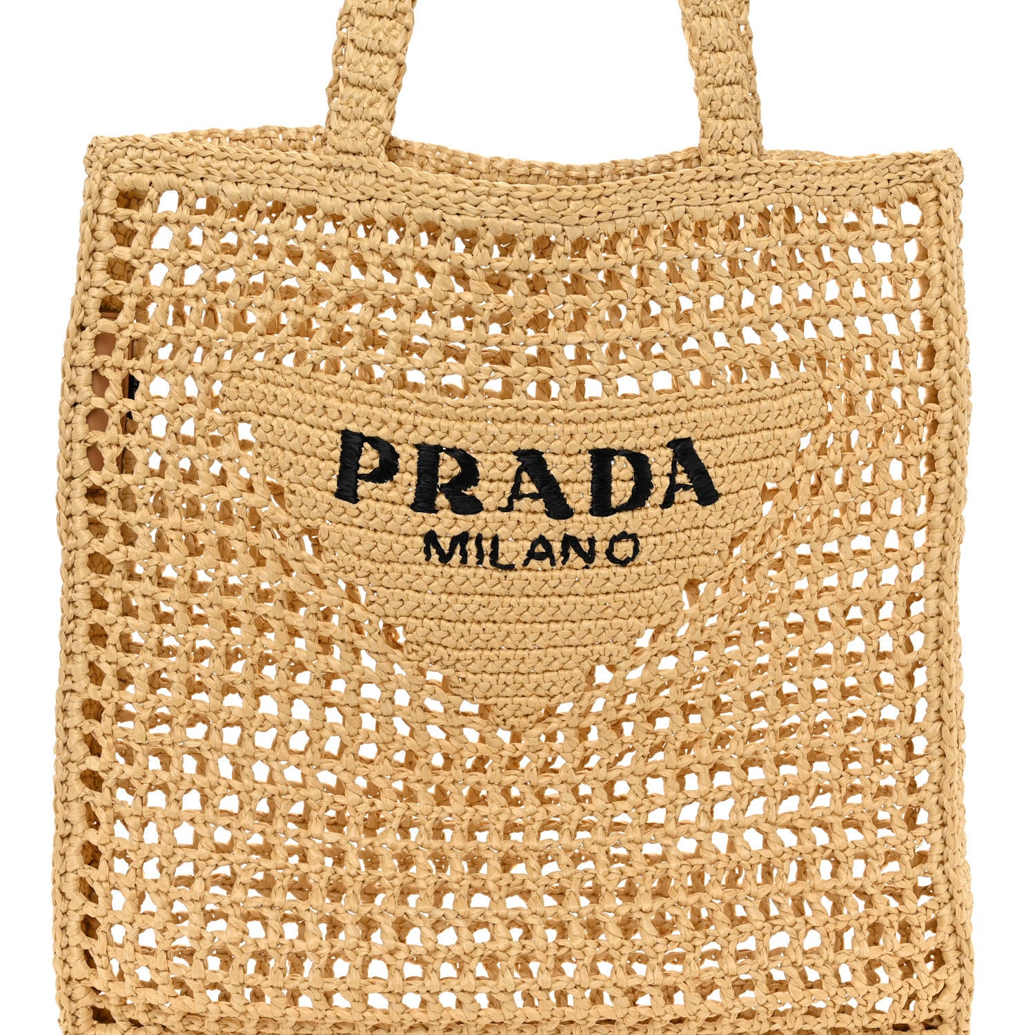 Prada Yarn Raffia Effect Crochet Logo Embroidered Tote Bag Naturale 6 of 8