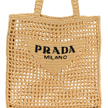 Prada Yarn Raffia Effect Crochet Logo Embroidered Tote Bag Naturale 6 of 8